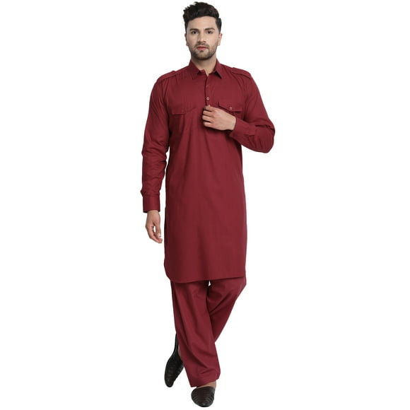 SKAVIJ Hommes Kurta Pyjama Mis Pathani Style Indien Casual Robe Red S