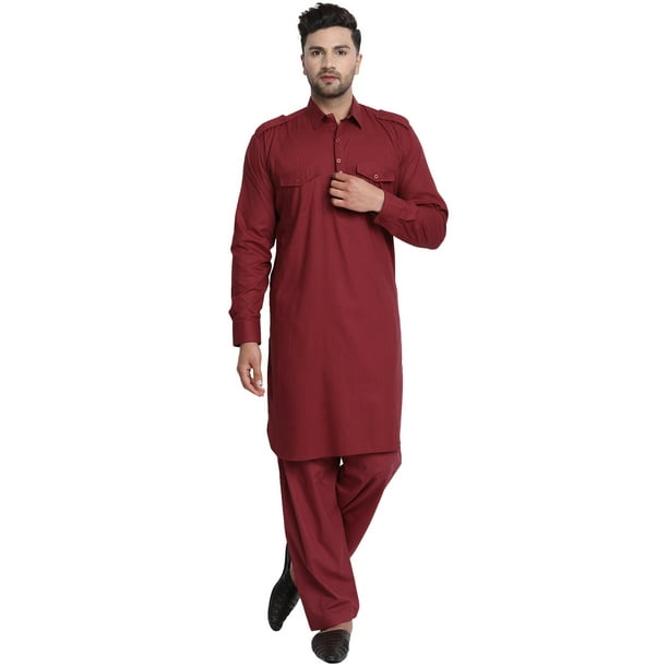 SKAVIJ Hommes Kurta Pyjama Mis Pathani Style Indien Robe Décontractée Red L