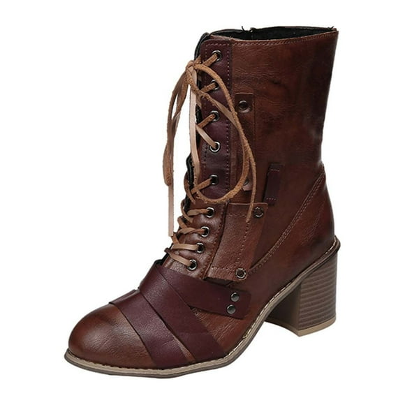 Jsaierl Women’s Combat Boots Lace up Mid Calf Boots Low Heel Chunky Platform Lug Sole Boots