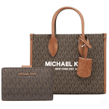 Michael Kors Mirella Small Brown PVC Top Zip Shopper Tote Crossbody With Logo Wallet