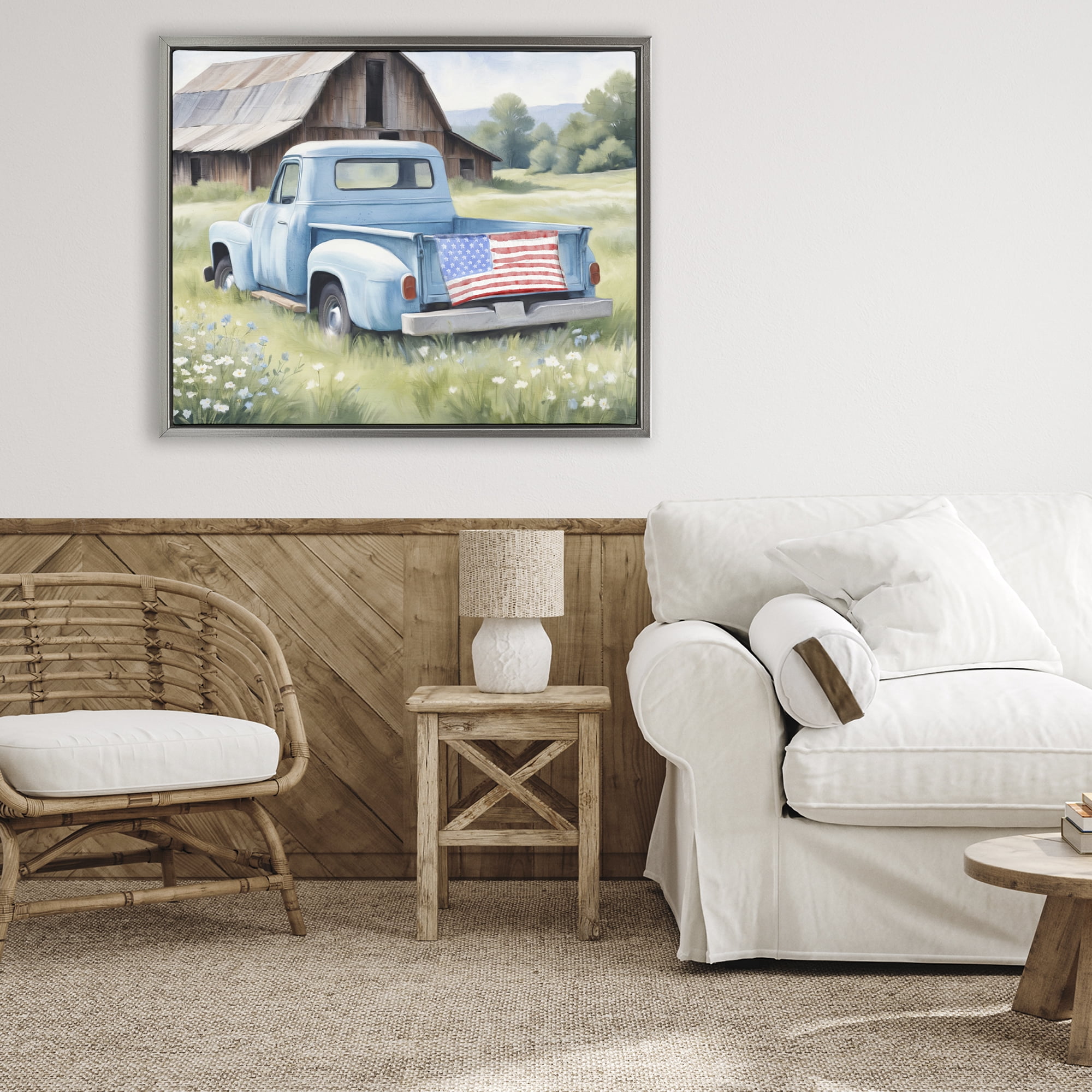 Stupell Industries American Pride Truck on Farm Gray Framed Floater Canvas Wall Art, design by Kim Allen