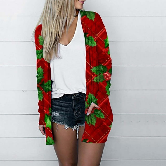 Pntutb moda mujer Navidad estampado suelto manga larga cárdigan otoño abrigo blusa Rollbacks Pntutb Pntutb-3040