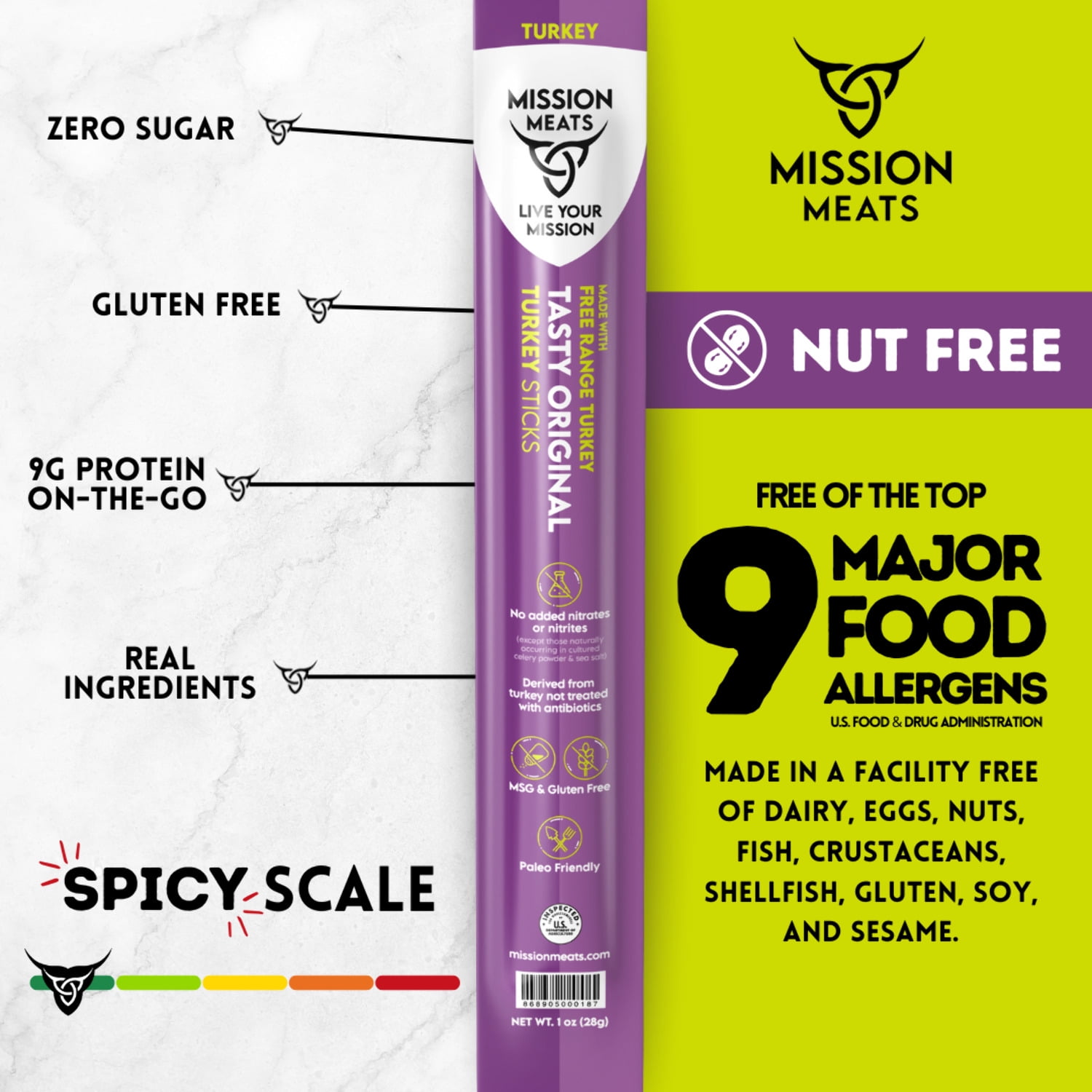 Mission Meats Turkey Sticks, 100% Free Range Turkey Jerky, Zero Sugar, Delicious Healthy Snacks, 9g Protein, Individually Wrapped, Gluten Free, Original 1oz (12ct)