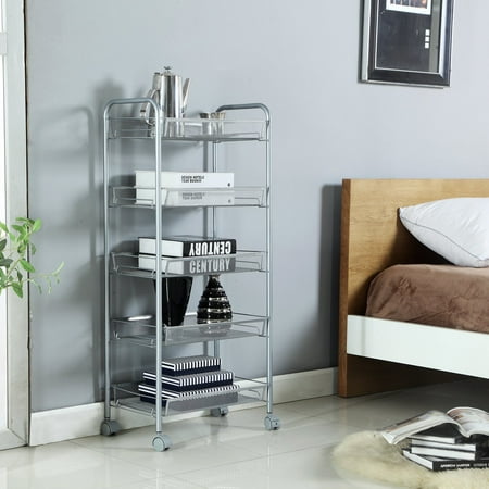 Kitchen Trolley Rolling Cart Metal Storage Rack Shelving Units for Cooking Utensils and Food Storage with Wheels, 5 Layer,