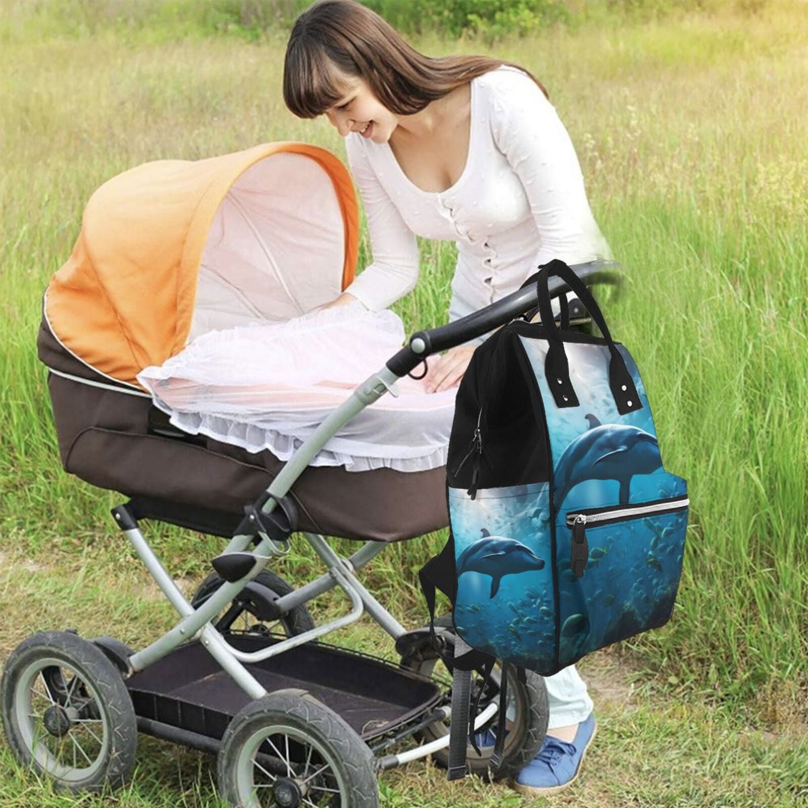 Kdxio Baby Diaper Backpack,Multi-Function Travel Backpack Nappy Bags,Nursing Bag, Fashion Mummy,Roomy Waterproof for Baby Care(Ocean Dolphin Fish School)