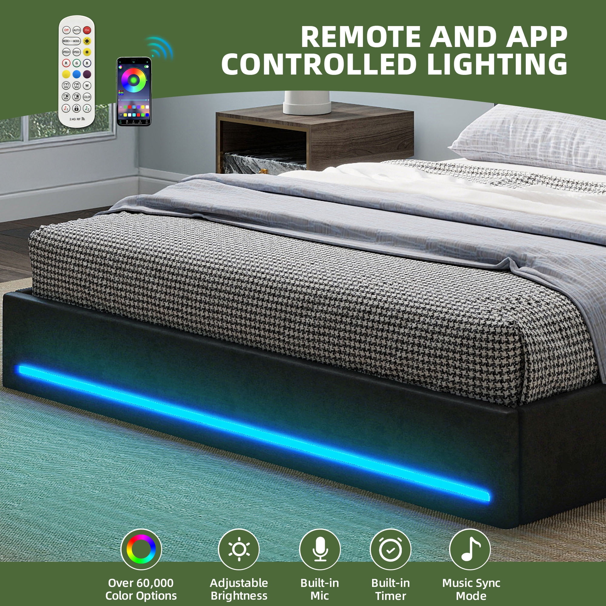 Uforic Queen Size Velvet Upholstered Bed Frame with RGB LED Ambient Light, Built-in Charging Station, No Box Spring Required, Cool Black