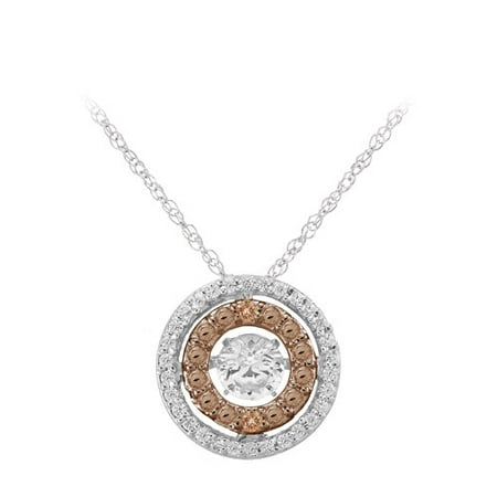 Champagne Diamond Halo with Dancing Created White Sapphire Sterling Silver Pendant, 18 Box Chain