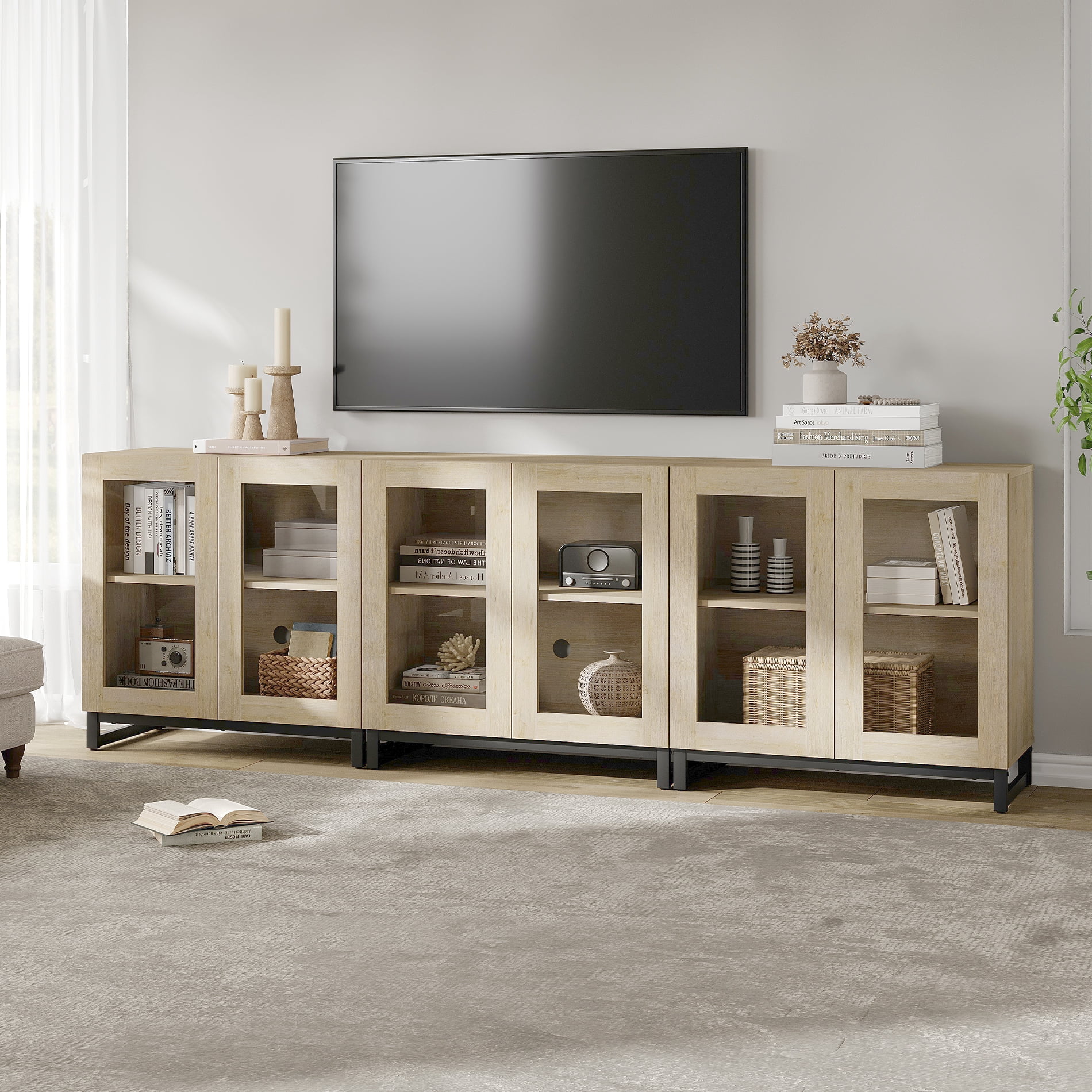 Modern Entertainment Center TV Console with Adjustable Shelves and Glass Doors, Home Media Furniture for 110 Inch TVs, Perfect for Living Room Use,Beige
