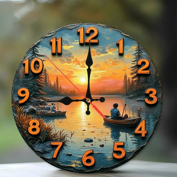 Sunset Lake Fishing Wall Clock 10-Inch Silent Wooden Wall Clock, Battery Operated (AA Batteries Not Included), Artistic Home Decor