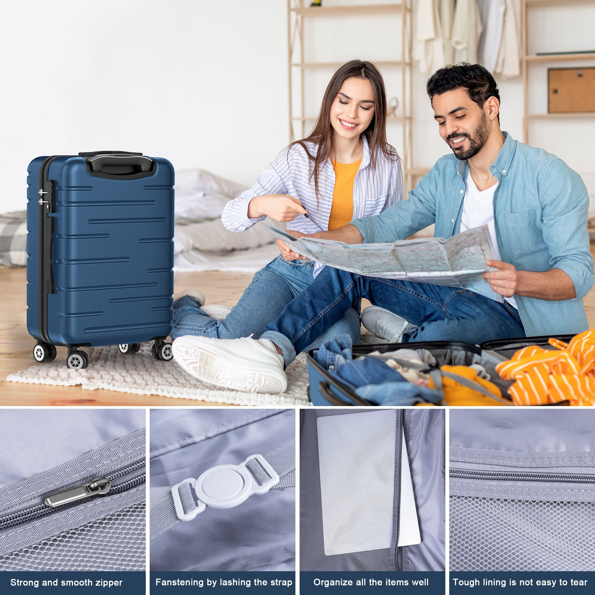 Free Shipping! Sunbee 3 Piece Luggage Sets, ABS Hardshell Hardside Suitcase with TSA Lock Lightweigh(图4)