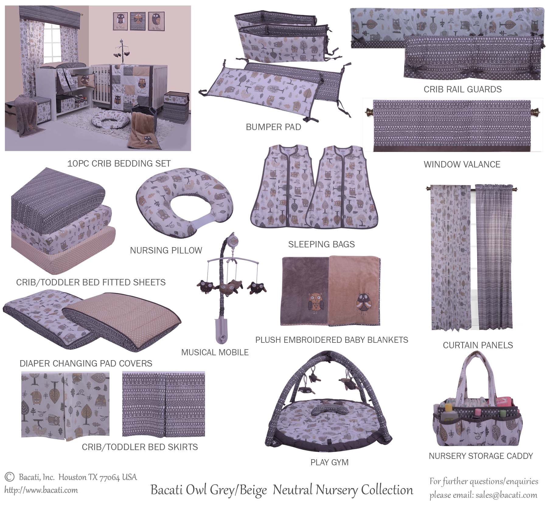 Bacati - Owls Grey/Beige Neutral Cotton Crib/Toddler Crib Skirt