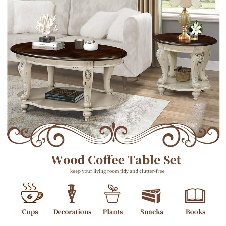 LKTART Vintage 3-Piece Oval Coffee Table Set, Beige Espresso Wood - Main Image