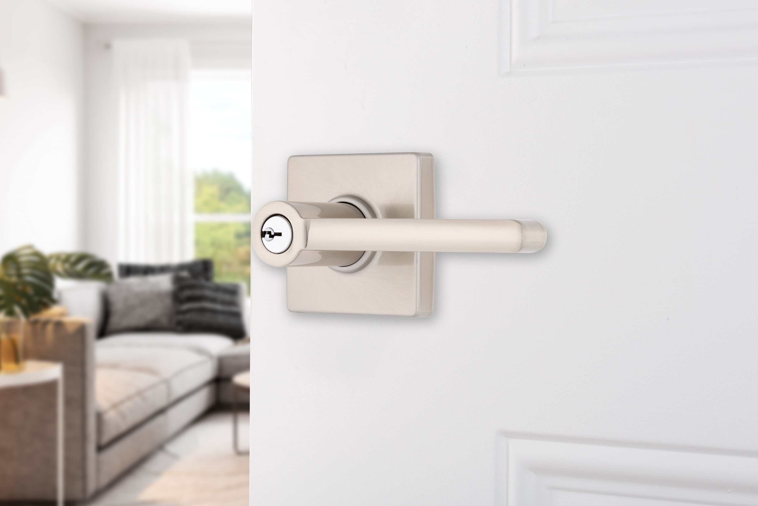 Brinks Contemporary Keyed Entry Lever Doorknob, Satin Nickel