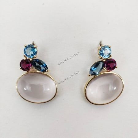 Natural Swiss Blue Topaz & London Blue Topaz and Rose Quartz and Rhodolite Garnet, 14K Solid Yellow Gold Earrings, Multi stone Earring