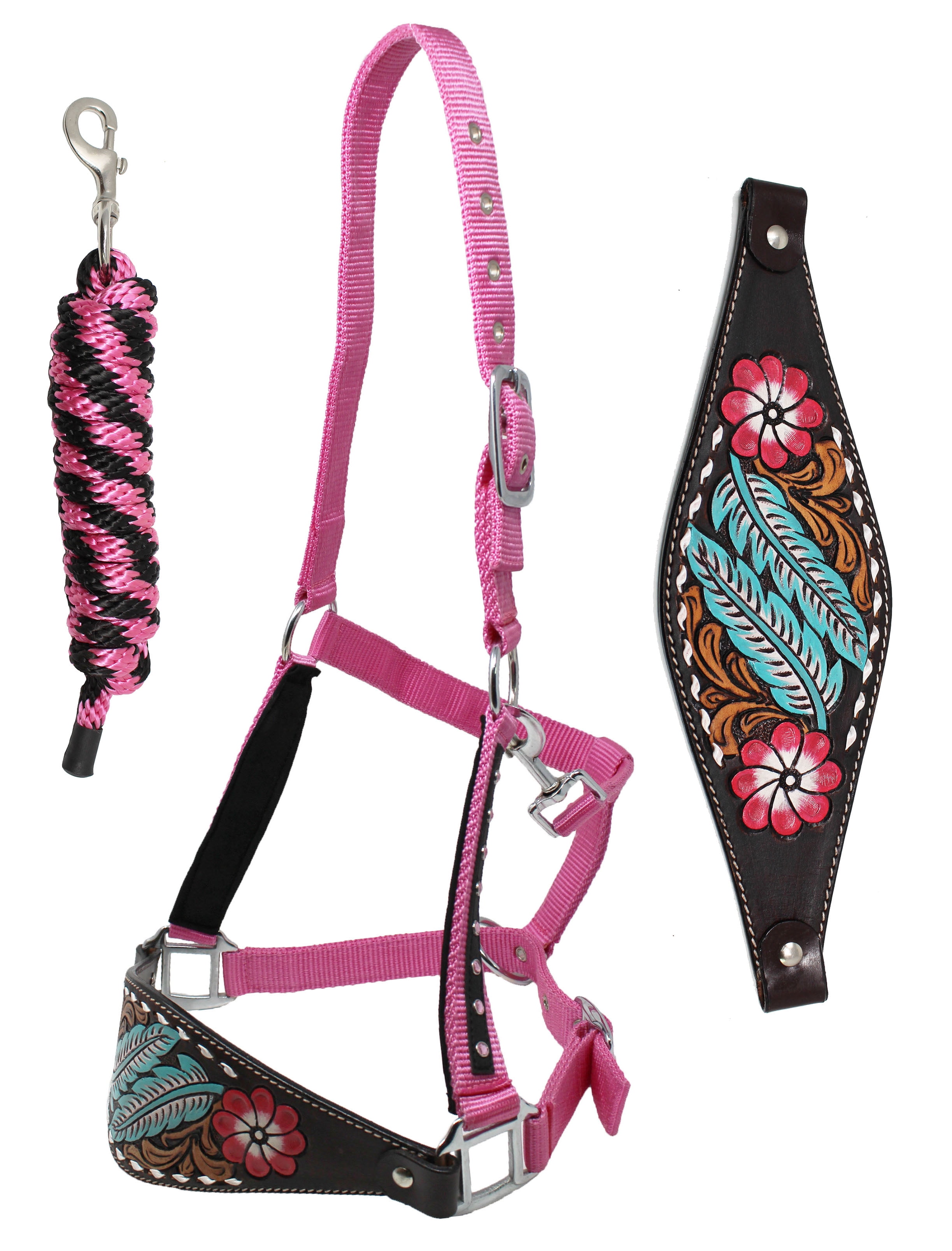 Challenger Horse Noseband Tack Bronc Leather HALTER Tiedown Lead PINK