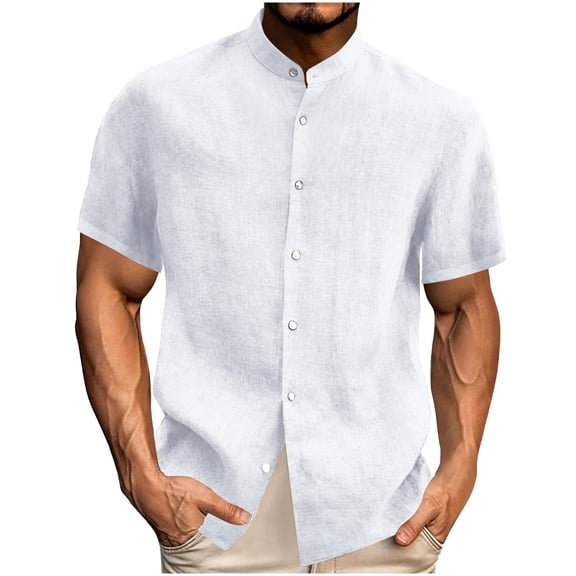 GrmtClth Men's Henley Cotton Linen Shirts Short Sleeve Casual Shirts Button Down Shirts Trendy Summer Beach Vacation Tops White M