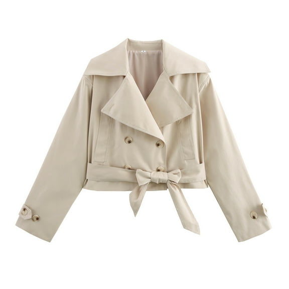 Wutalume Women's Fashion Long Sleeved Solid Color Double Layer Collar Soft Coat, Belted Short Trench Jacket for Casual and Office Wear in All Seasons,Beige L