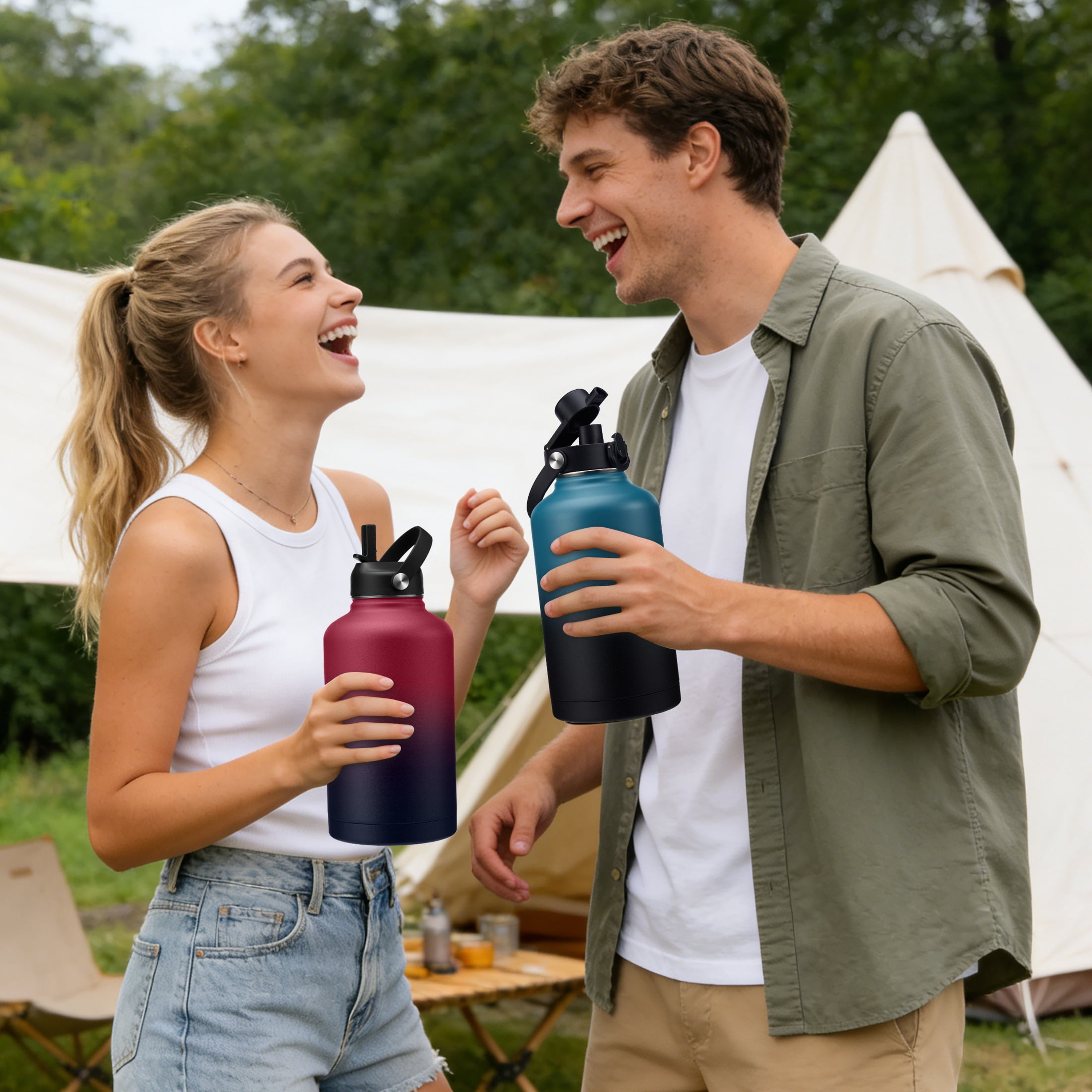64OZ Insulated Water Bottle with Straw & Spout Lids, Half Gallon Water Jug Keeps Cold 48H & Hot 24H, Wide Mouth Leakproof Reusable Water Bottle, Black
