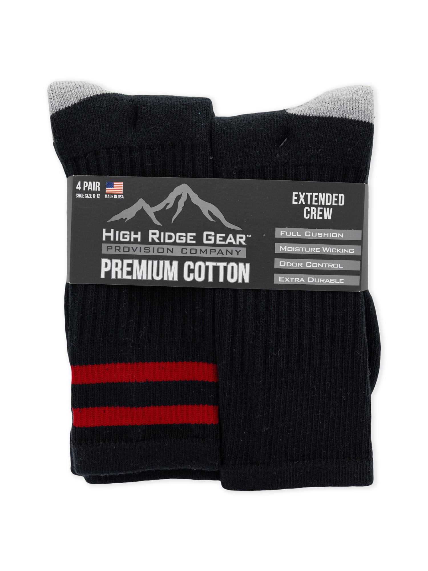 High Ridge Gear Men's Premium Cotton Crew Socks, 4 Pack