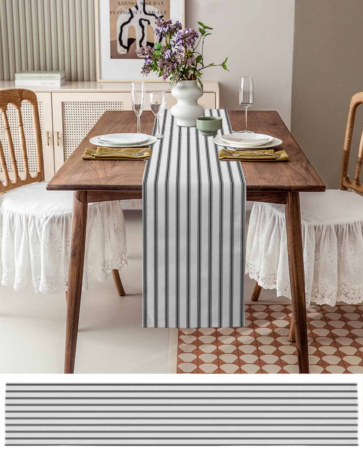 ERUNPONLY Black Striped Table Runner - 36 Inch Long Black White Stripes Farmhouse Cotton and Linen Blended Dress Scarves Farmhouse Table Runner for Kitchen Dining, Coffee Table, 13" x 36"