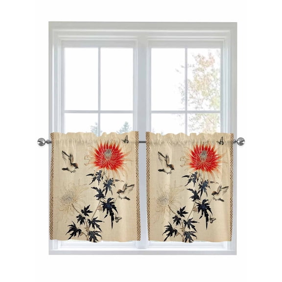 Half Window Curtain 36 Inches Long, Retro Flower Bird, Window Treatment Curtain Drapes, Classical Spring Summer Plant Small Tier Curtains for Bathroom Over Sink, 27.5"x36", 2 Panels