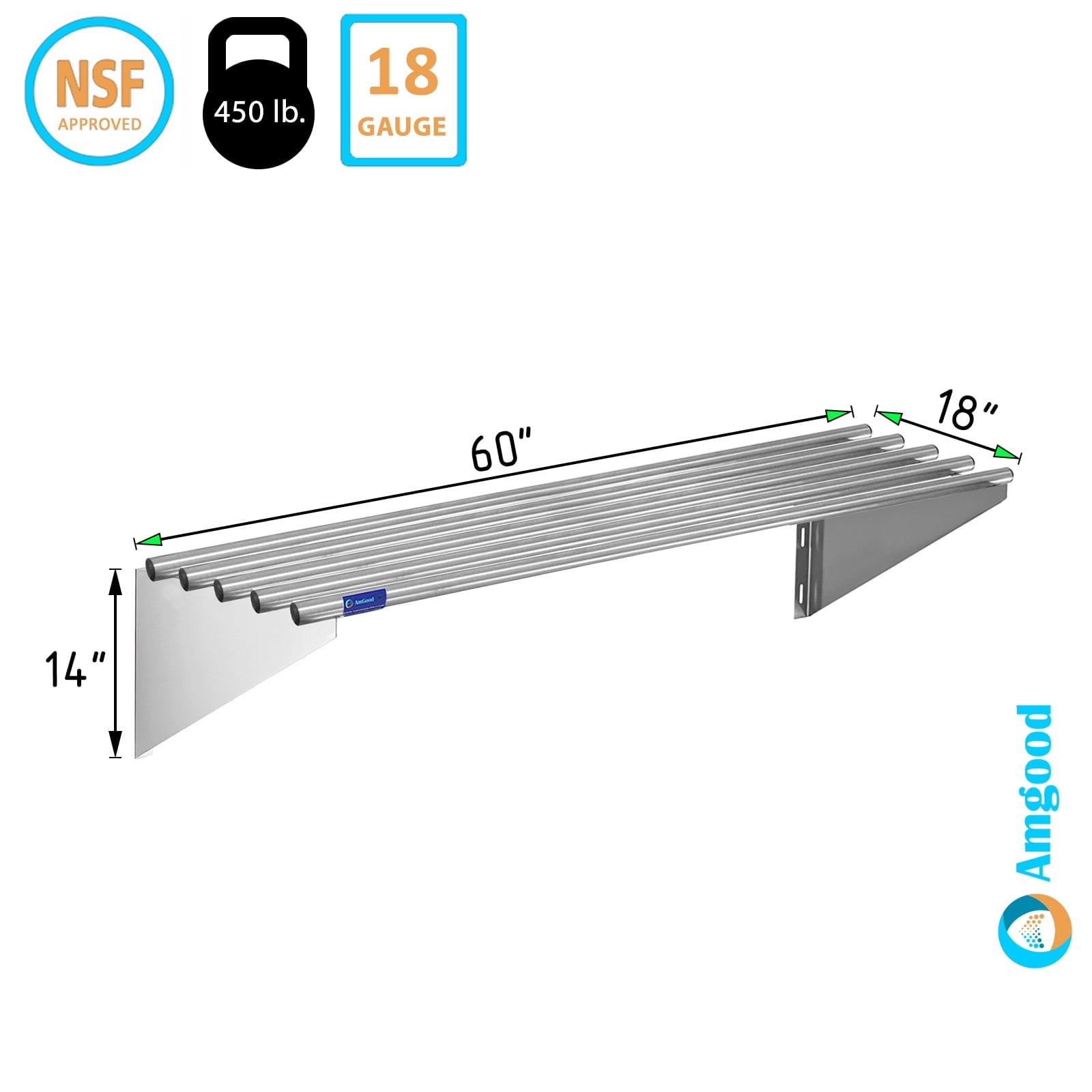 AmGood 60" Long X 18" Deep Stainless Steel Tubular Wall Shelf | NSF Certified | Appliance & Equipment Metal Shelving