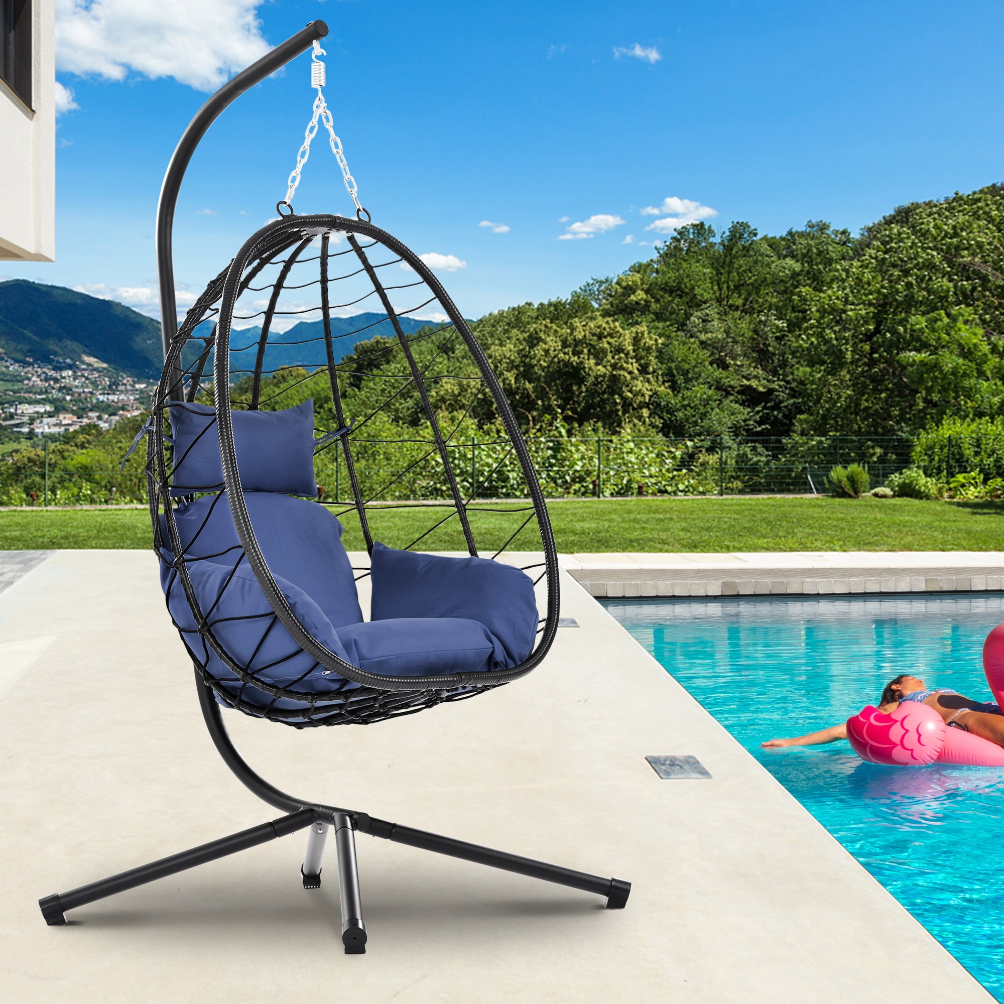 Patio Hammock Chair, Wicker Hanging Swing Egg Chair with Stand and