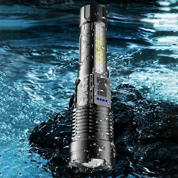 Linterna telescópica LED recargable USB con pantalla de batería, luz blanca y amarilla fuerte, haz de largo alcance, luz lateral COB, carga tipo C, cuerpo de aleación de aluminio, portátil para