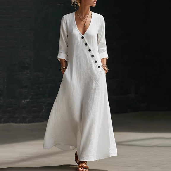 Pounoo Women's Maxi Dresses V Neck 3/4 Sleeve Linen Blend With Side Buttons Weekend Strolls Soft Breathable Loose Fit Casual Sundresses Gift