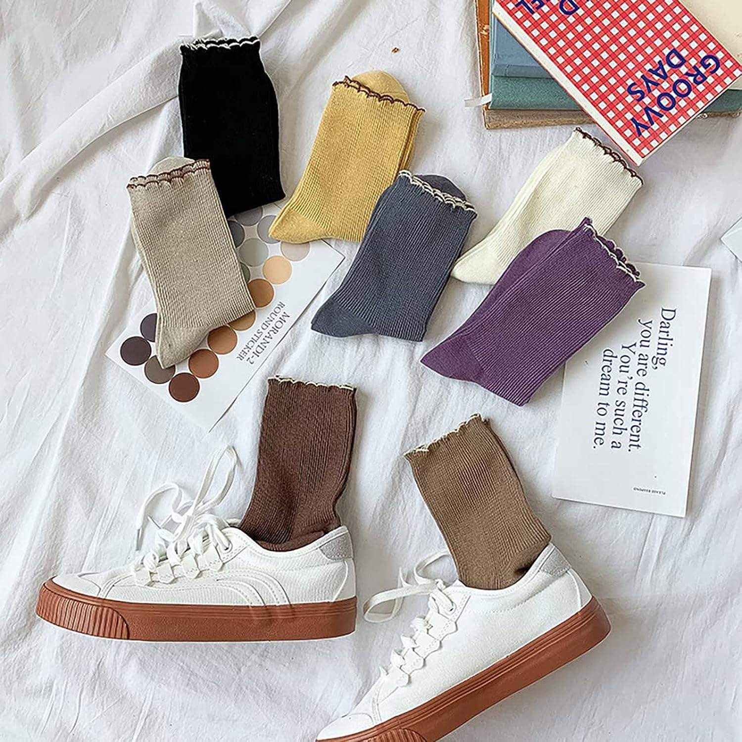 Holzlrgus Women Cute Ruffle Frilly Aesthetic Ankle Socks Flower Embroidery Turn Cuff Crew Cotton Socks Teen Girls