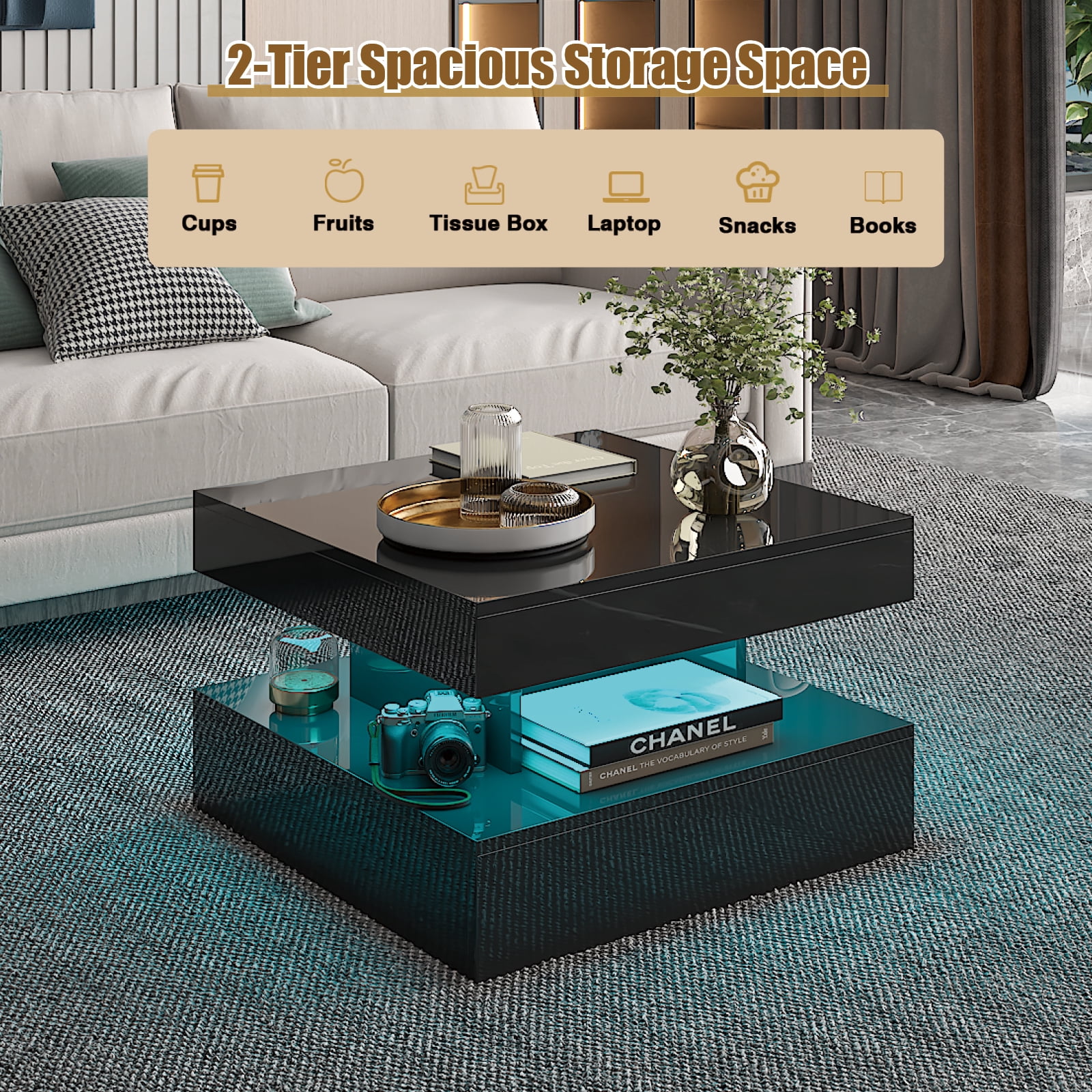 Hironpal Small Black Coffee Table with Light,24" LED Center Table in Living Room,Modern Coffee Table with Storage,Black