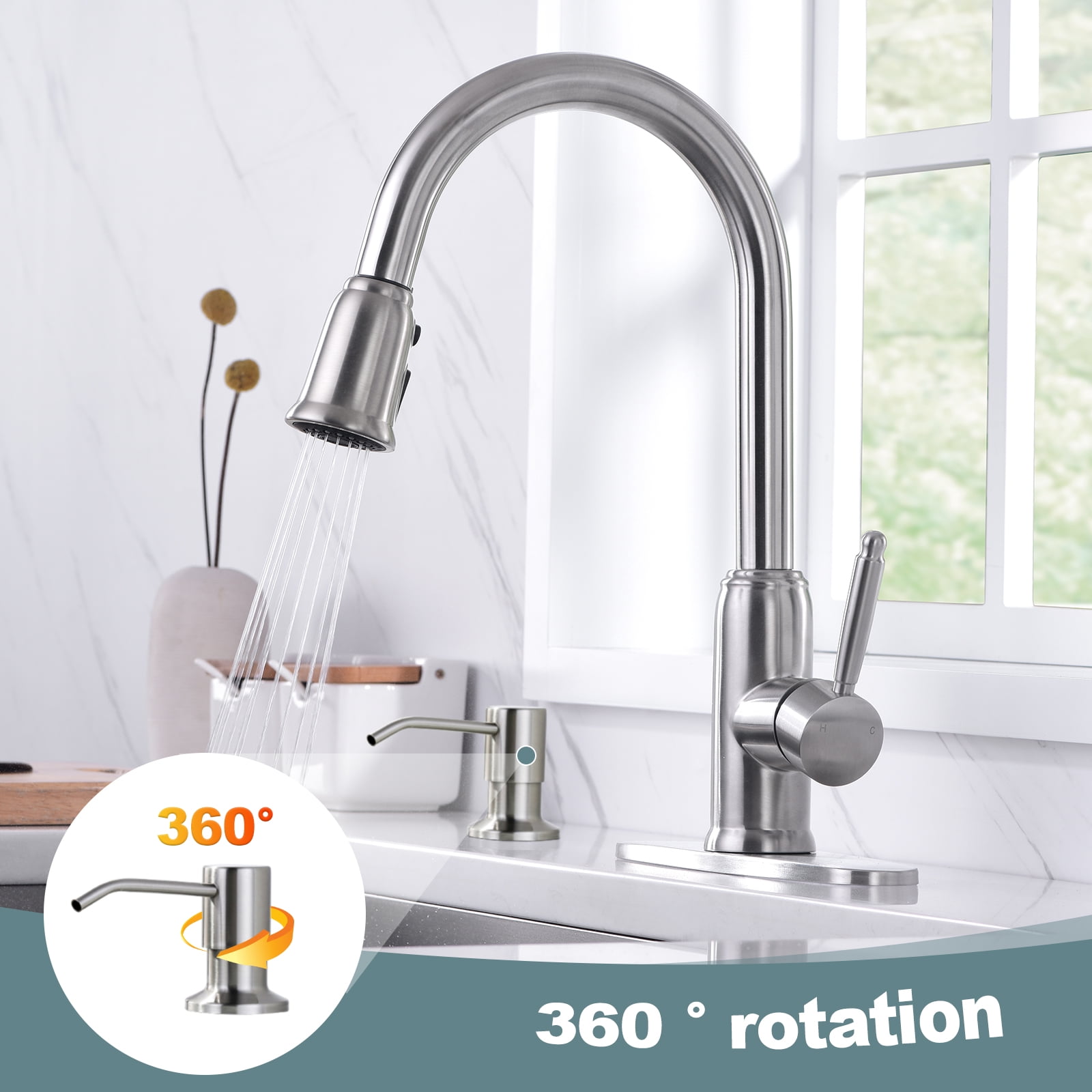 Wowow Stainless Steel Kitchen Faucet with Soap Dispenser, Brushed Nickel Kitchen Faucet for Sinks