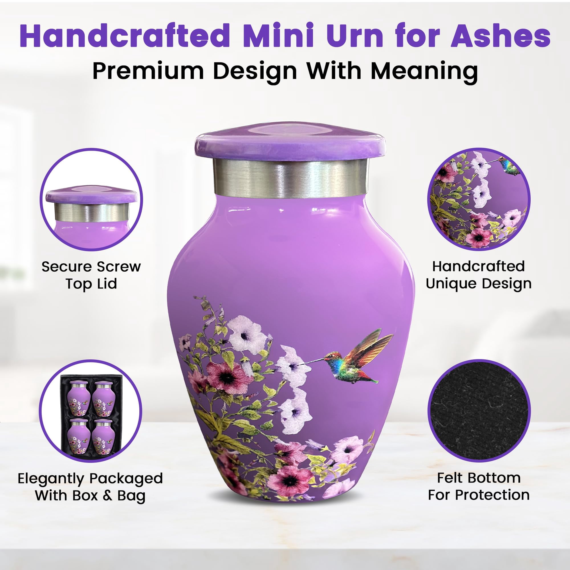TOSENG Handcrafted Small Urns for Human Ashes Keepsake, Set of 4, Purple Floral & Hummingbird Urn Design - Polished Aluminum Memorial Keepsakes with Secure Screw Lid, Felt Base, & Case - 3x1.75 Inch