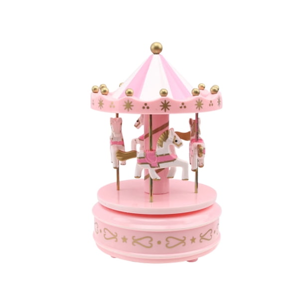 KAKOWELY Caja de música de carrusel romántico rosa, adorno de escritorio, caja de música en miniatura, decoración, regalo de cumpleaños sin luz