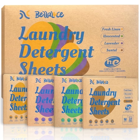 BellaLuce Laundry Detergent Sheets - 4 Scented 128 Loads Travel Set Fresh Linen Lavender Santal and Unscented