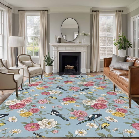 Spring Red Floral Area Rug 5x7 Washable Rug Non Slip Daiy Birds Farmhouse Blue Botanical Large Area Rug Soft Stainresistant Indoor Floor Carpet for Living Room Bedroom Home Office Dining Room Nursery