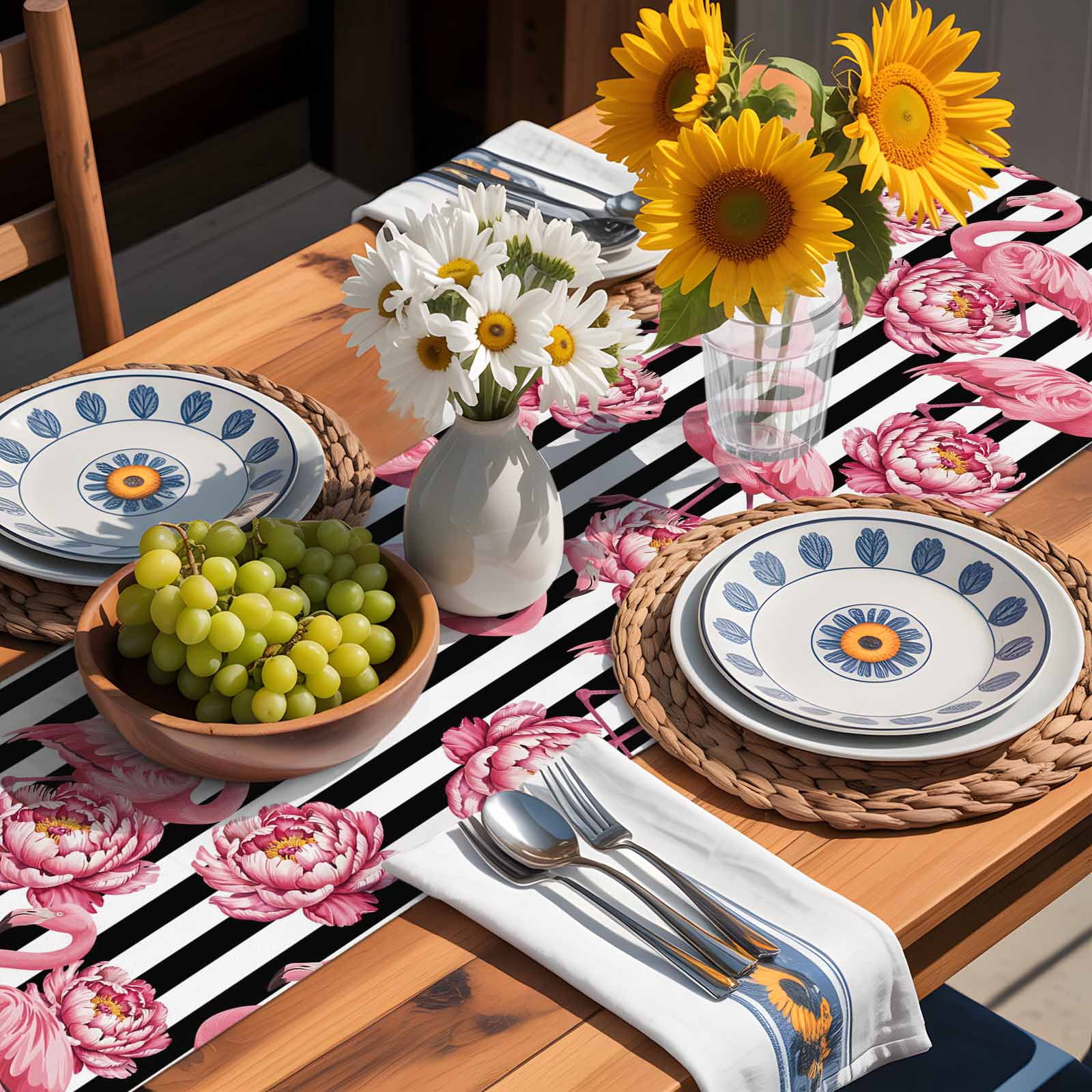 Tropical Pink Flamingo Flower Table Runner 90 Inches Long, White Black Modern Stripe Table Runners Tabletop Scarf Kitchen Dining Tables Decoration for Home Party Indoor Outdoor