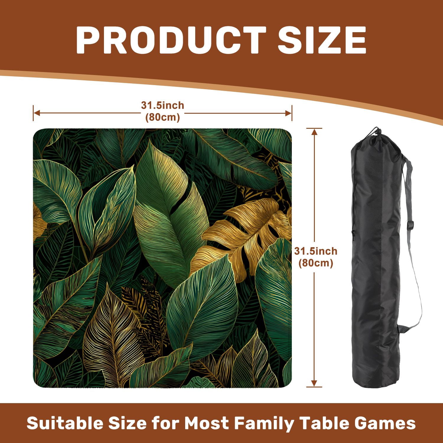 Mahjong Mat 31.5" x 31.5" golden green tropical leaves white Seamless Non-Slip Noise Reduction American Mahjong Tiles Table Cover for Dominoes Poker Card Board Games Gift