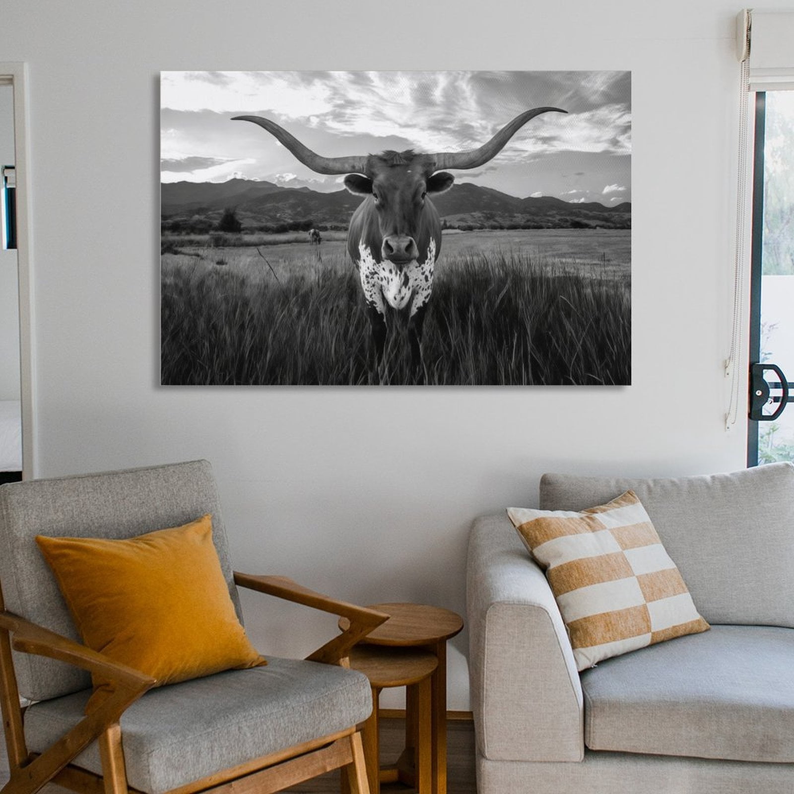 YarnArtistry Black and White Texas Animal Canvas Wall Art Highland Cattle with Long Horns Picture Longhorn in Sunset Farm Painting for Home Decor Modern Living Room Decorations