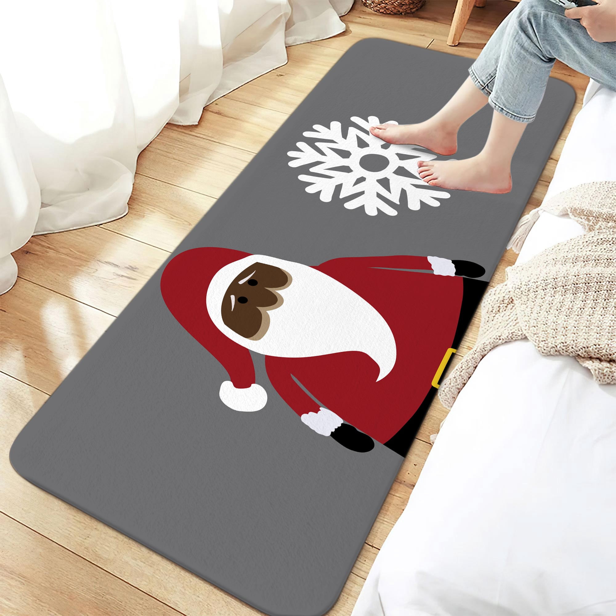 Christmas Bathroom Rugs Mat, Xmas Santa Claus Bath Mat with Non-Slip Backing, Winter New Year Holiday Floor Mat Decor for Indoor Outdoor Living Room Bathtub 17X48IN Grey
