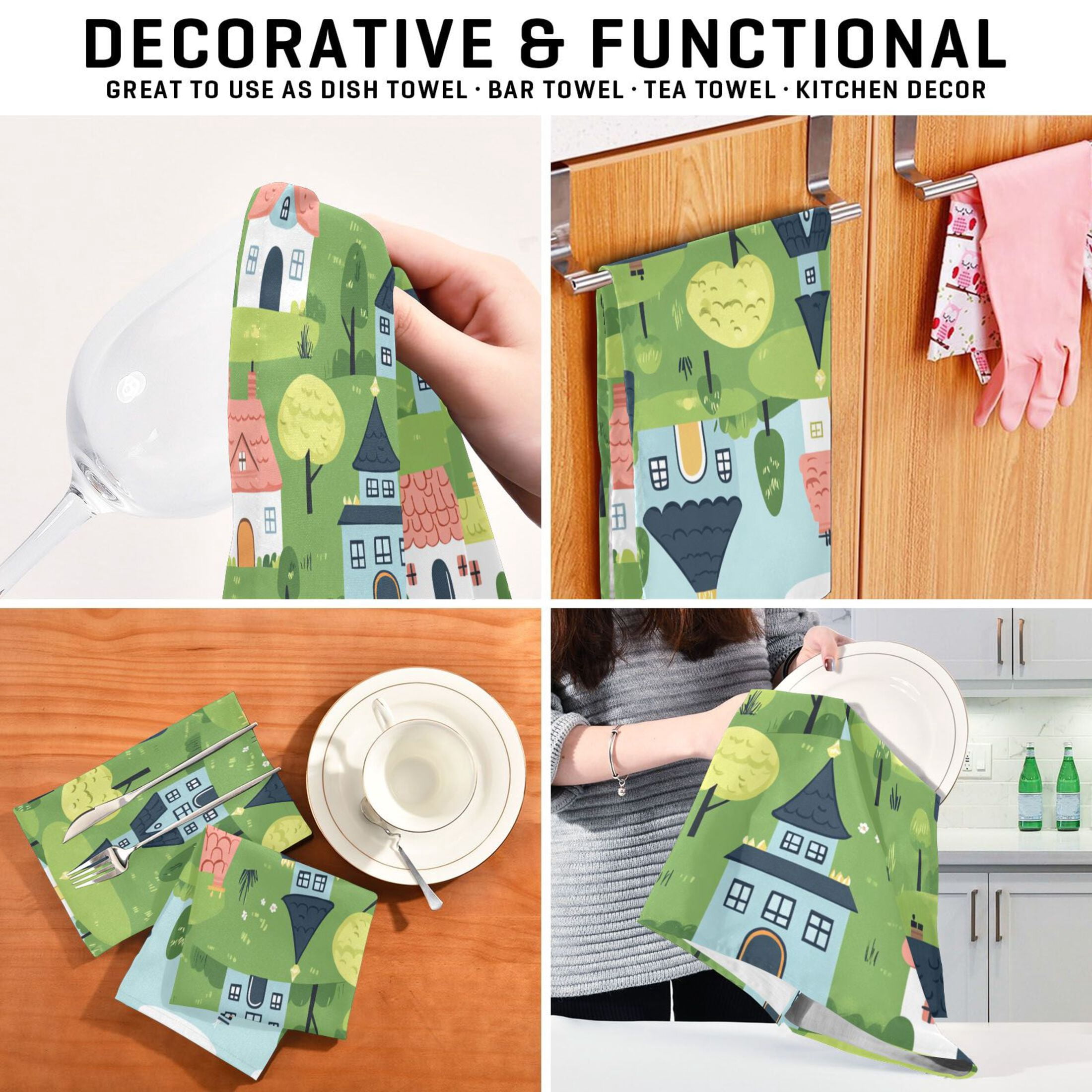 Fairytale House Scene Kitchen Towels 6-Piece Pack Tea Towels for Kitchen Decorative Waffle Design 28x18in