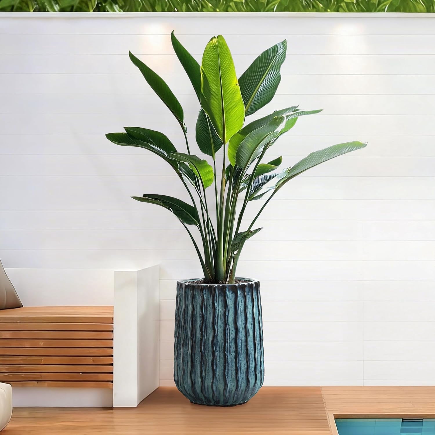 LuxenHome 17" Tall Ceramic Planter, Large Verdant Rise Ribbed  Pot with Drainage Hole and Rubber Plug, Green Gradient Planter Pot for Outdoor , Indoor Flower Pots for Home Garden Patio