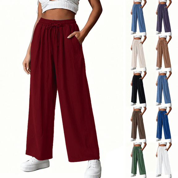 SimpleJoyi Ladies Casual Wide Leg Summer Pants High Waist Drawstring Loose Fit Breathable Daily Trousers