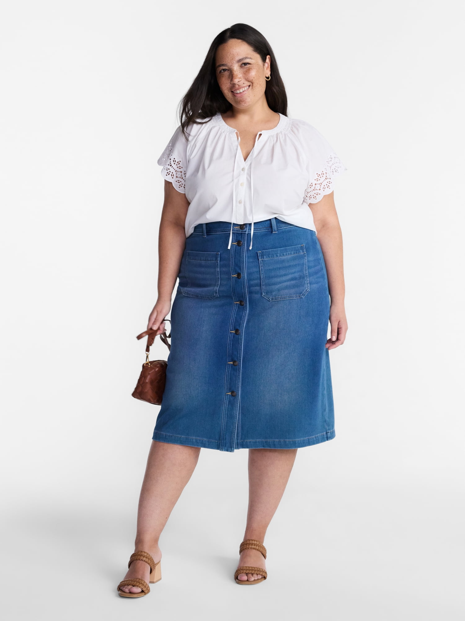 Terra & Sky Women’s Plus Cotton Eyelet Top with Short Sleeves, Sizes 0X-5X