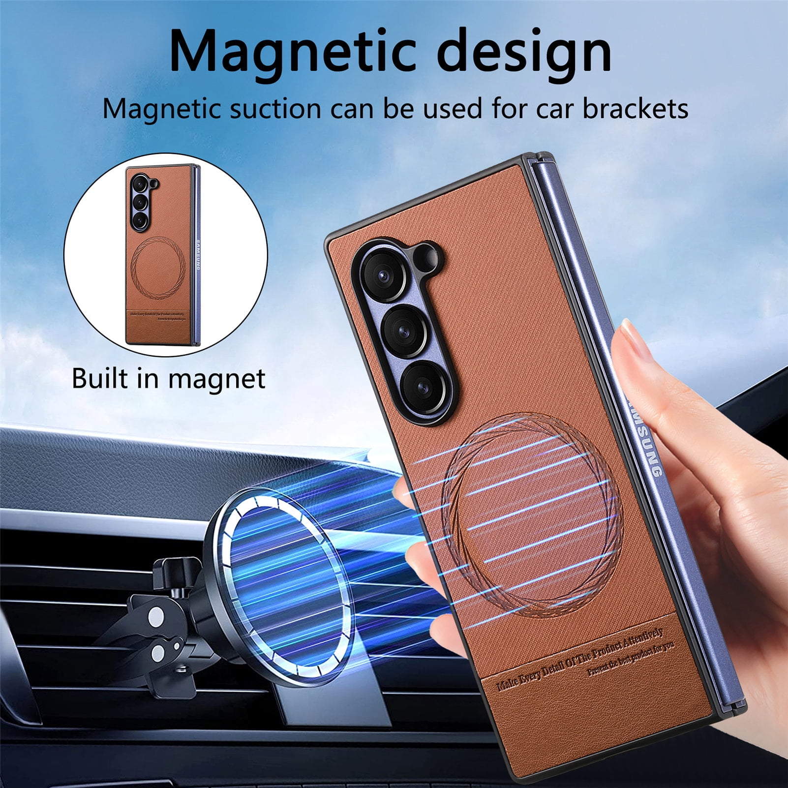 For Samsung Galaxy Z Fold 6 Phone Case,2-in-1 Magnetic Detachable Flip,Flip Folding Kickstand,With Card Slots,Zipper Pocket,Ring Holder,Fit Wireless charging,Shockproof Phone Case,Brown