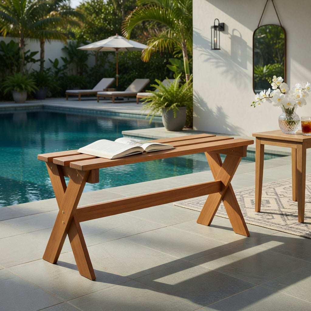 Hommoo 36" Solid Hardwood Outdoor Patio Bench Set of 2, Backless Teak-Oil Finished Dining Benches for Garden, Porch & Deck, Natural
