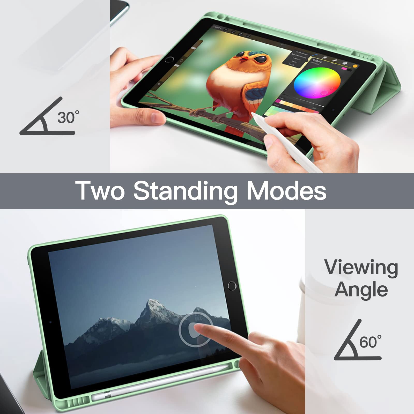 JETech Matte Case for iPad 9/8/7 (10.2-Inch, 2021/2020/2019 Model, 9th/8th/7th Generation) with Pencil Holder, Frosted Translucent Back Slim Stand Protective Tablet Cover (Matcha Green)