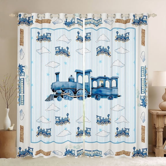 Castle Fairy Watercolor Train Black Out Curtains for Teens, Stripe Cloud Art Curtains Pack of 2 (42x63 Each) for Bedroom, Light Blue White
