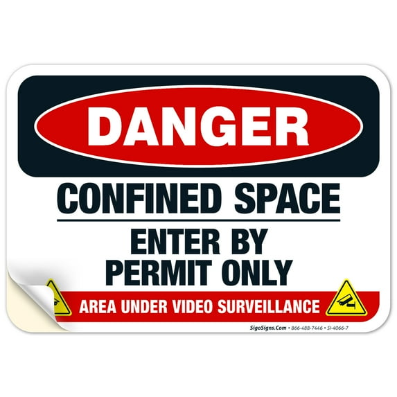 Danger Confined Space Enter By Permit Only Sign, OSHA Danger Sign, 10x7 Vinyl Sticker