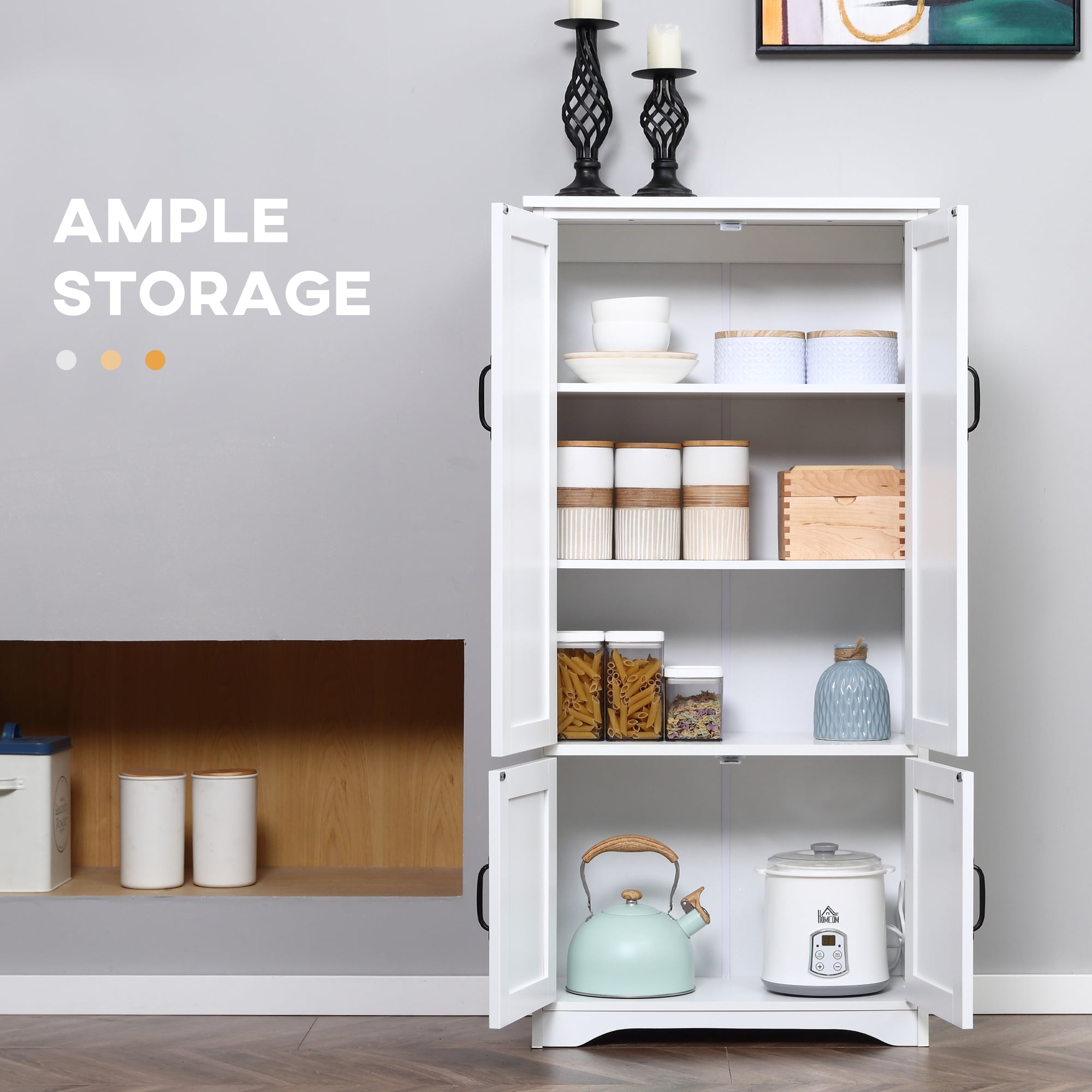 HOMCOM 48.5" Farmhouse Kitchen Pantry, Floor Storage Cabinet, Cupboard Organizer with Adjustable Shelves and 4-Doors for Dining Room, White